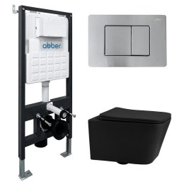 Комплект унитаза Abber Rechteck AC1201MB-AC0105-AC0120MCH с сиденьем Микролифт и клавишей смыва цвет Матовый хром