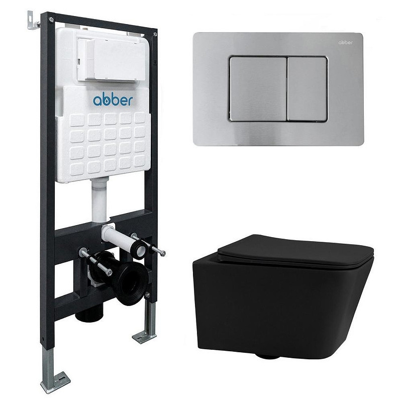 Комплект унитаза Abber Rechteck AC1201MB-AC0105-AC0120MCH с сиденьем Микролифт и клавишей смыва цвет Матовый хром