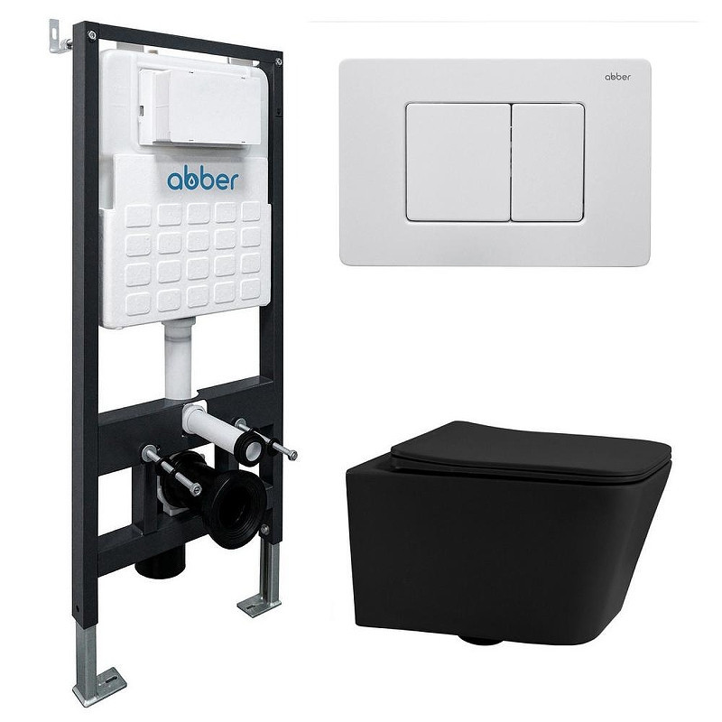Комплект унитаза Abber Rechteck AC1201MB-AC0105-AC0120MW с сиденьем Микролифт и клавишей смыва цвет Белая матовая