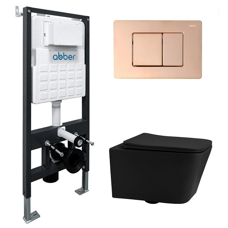 Комплект унитаза Abber Rechteck AC1201MB-AC0105-AC0120RG с сиденьем Микролифт и клавишей смыва цвет Золото розовое