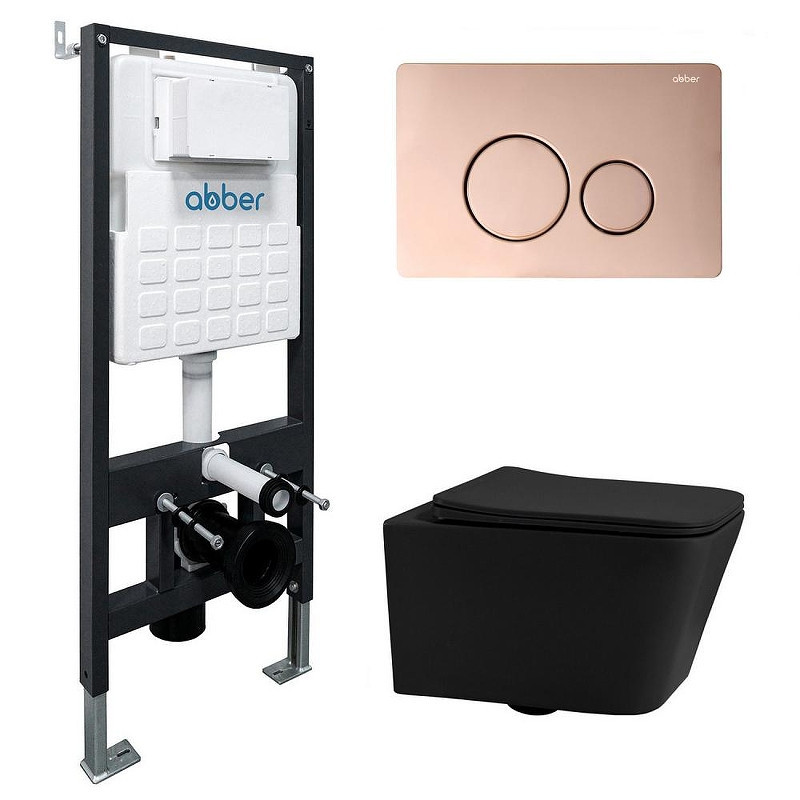 Комплект унитаза Abber Rechteck AC1201MB-AC0105-AC0121RG с сиденьем Микролифт и клавишей смыва цвет Золото розовое