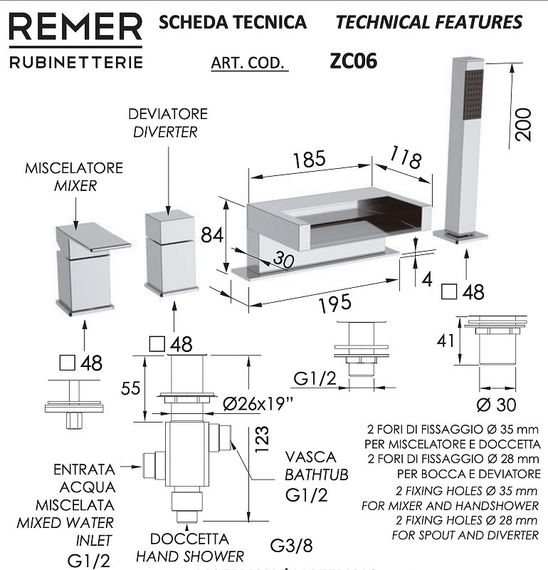Смеситель на борт ванны Remer ZC06 цвет Хром