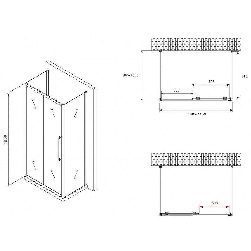 Душевой уголок Abber Schwarzer Diamant 140x100 AG30140BMH-S100BM-S100BM профиль Черный стекло матовое