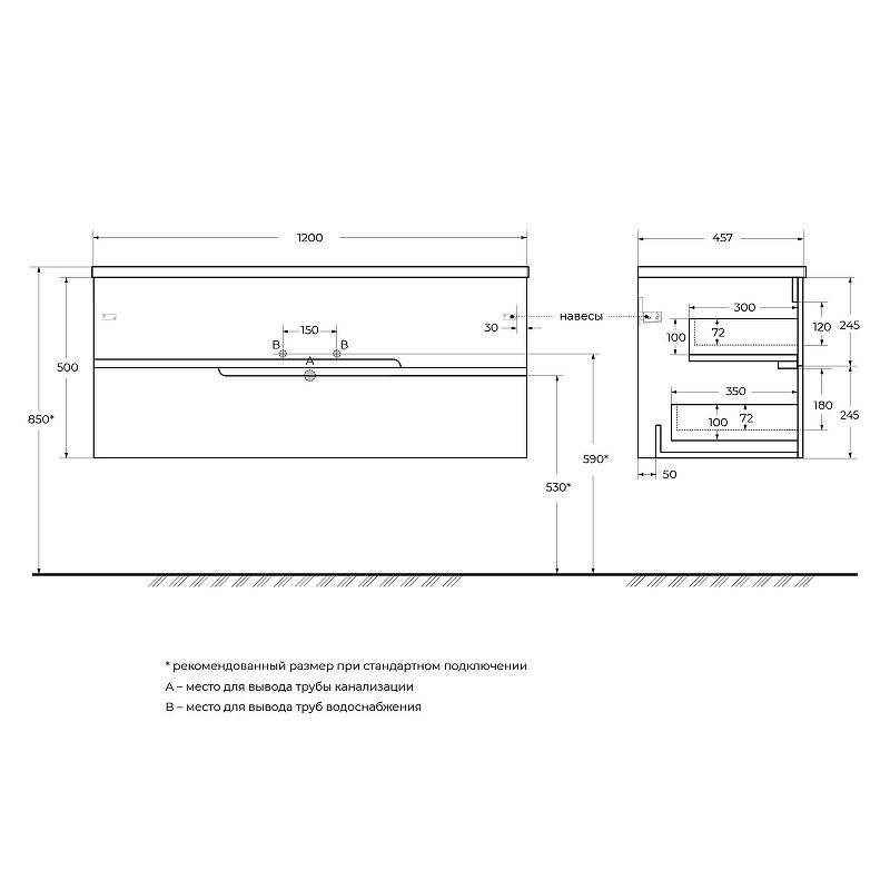 Тумба под раковину Cezares Duet-N 120 R DUET-N-1200-2C-SO-BL-R подвесная