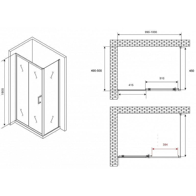 Душевой уголок Abber Schwarzer Diamant 100x50 AG30100B5-S50B5 профиль Черный стекло прозрачное