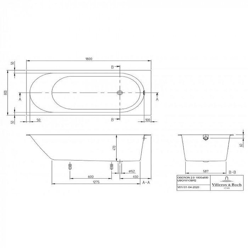Квариловая ванна Villeroy&Boch Oberon 2.0 180x80 UBQ181OBR2DV-01 цвет Альпийский белый
