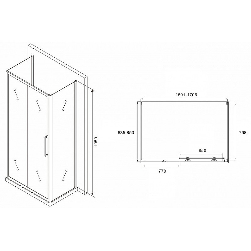 Душевой уголок Abber Schwarzer Diamant 170x85 AG30170MH-S85M-S85M профиль Хром стекло матовое