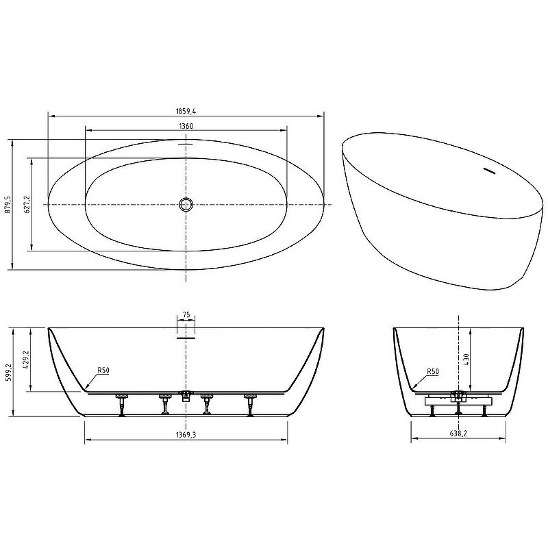 Акриловая ванна BelBagno 186x88 BB707-1860-880
