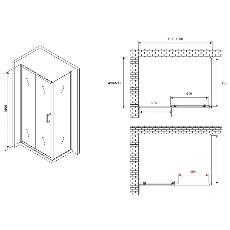 Душевой уголок Abber Schwarzer Diamant 120x50 AG30120B5-S50B5 профиль Черный стекло прозрачное