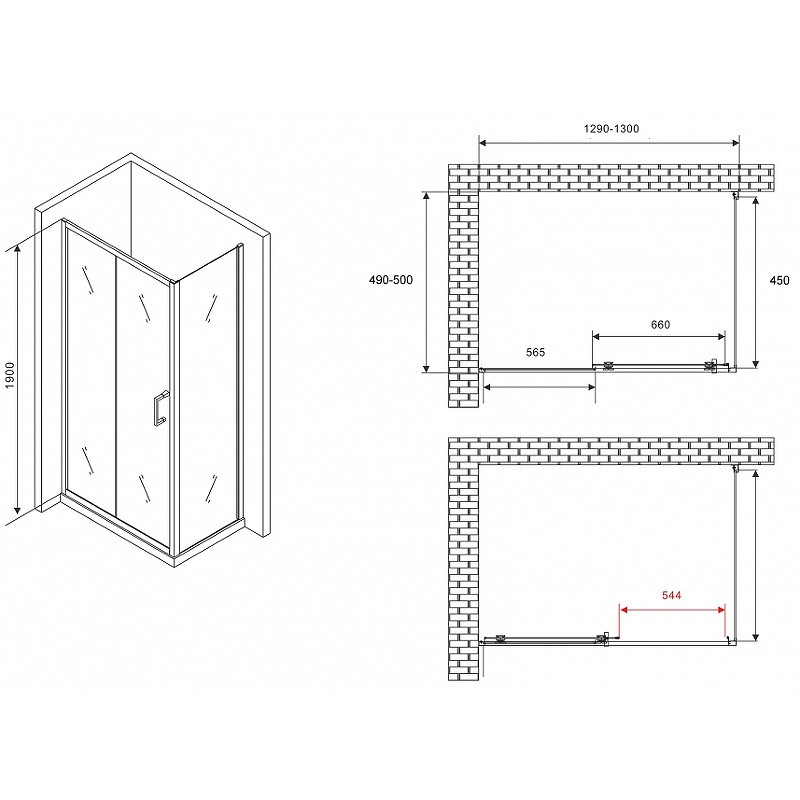 Душевой уголок Abber Schwarzer Diamant 130x50 AG30130B5-S50B5 профиль Черный стекло прозрачное