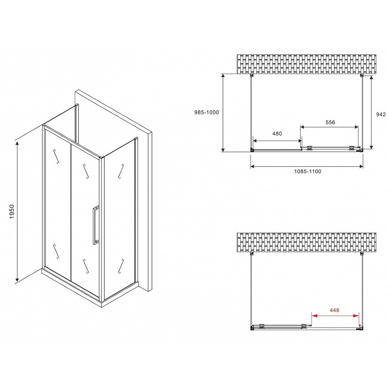 Душевой уголок Abber Schwarzer Diamant 110x100 AG30110BMH-S100BM-S100BM профиль Черный стекло матовое