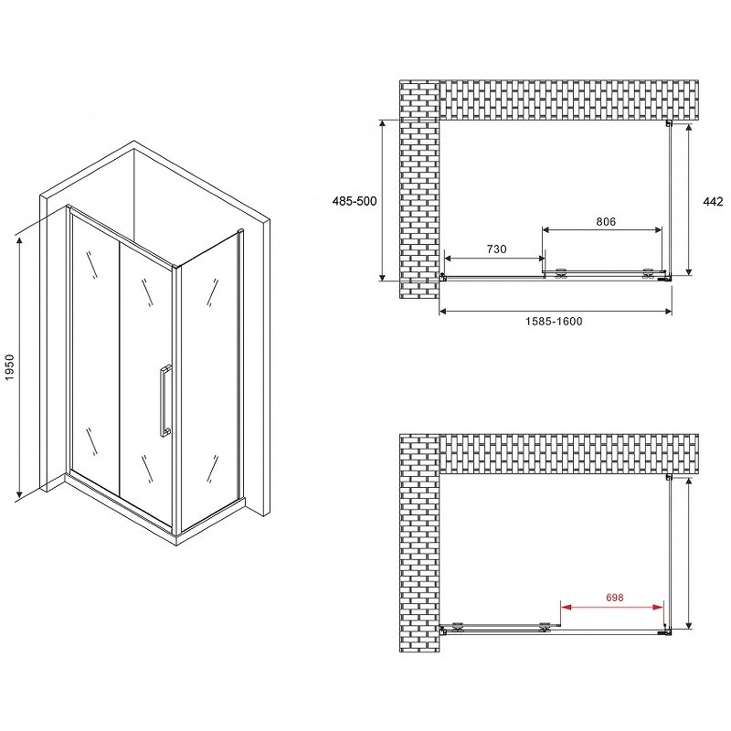 Душевой уголок Abber Schwarzer Diamant 160x50 AG30160H-S50 профиль Хром стекло прозрачное
