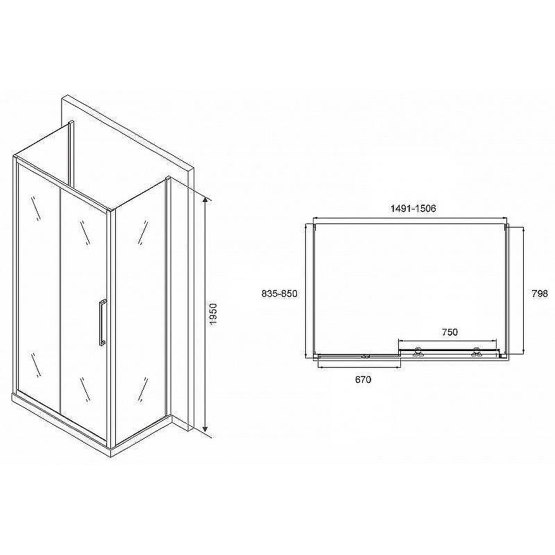 Душевой уголок Abber Schwarzer Diamant 150x85 AG30150MH-S85M-S85M профиль Хром стекло матовое