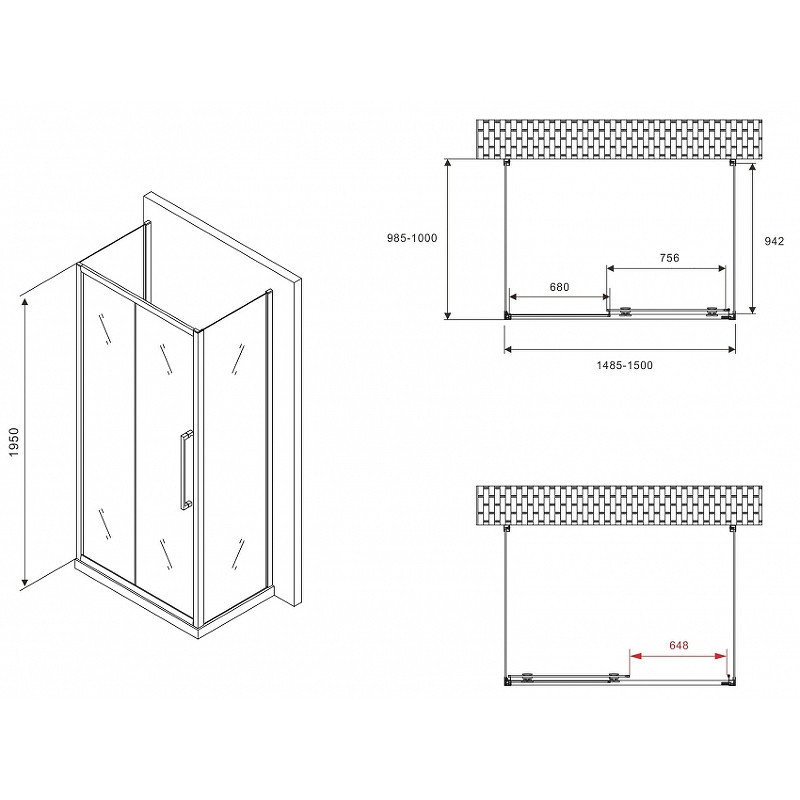 Душевой уголок Abber Schwarzer Diamant 150x100 AG30150BMH-S100BM-S100BM профиль Черный стекло матовое