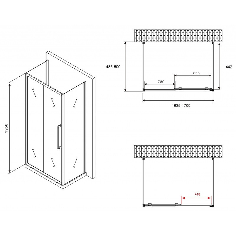 Душевой уголок Abber Schwarzer Diamant 170x50 AG30170H-S50-S50 профиль Хром стекло прозрачное