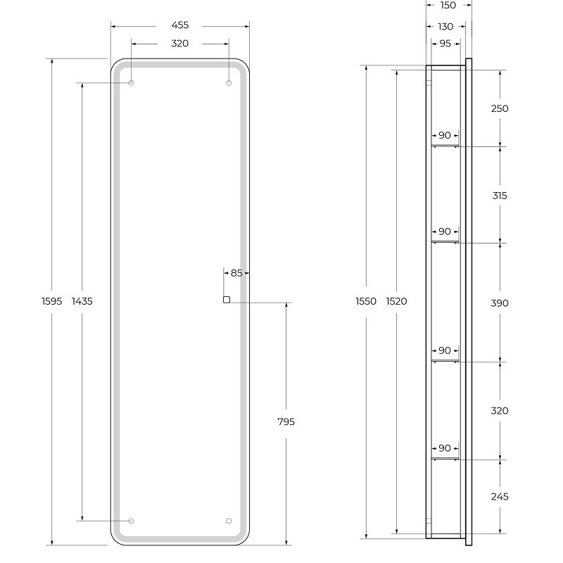 Зеркальный шкаф BelBagno Marino 45 SPC-MAR-450/1600-1A-LED-TCH с подсветкой