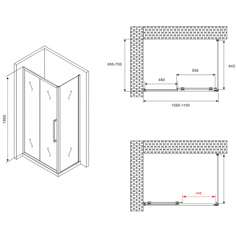 Душевой уголок Abber Schwarzer Diamant 110x70 AG30110BMH-S70BM профиль Черный стекло матовое