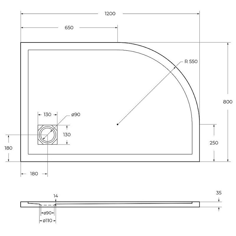 Душевой поддон из искусственного камня BelBagno Uno 120x80 R TRAY-MR-UNO-RH-120/80-550-35-W-R-NO