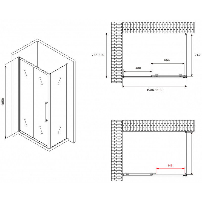 Душевой уголок Abber Schwarzer Diamant 110x80 AG30110BMH-S80BM профиль Черный стекло матовое