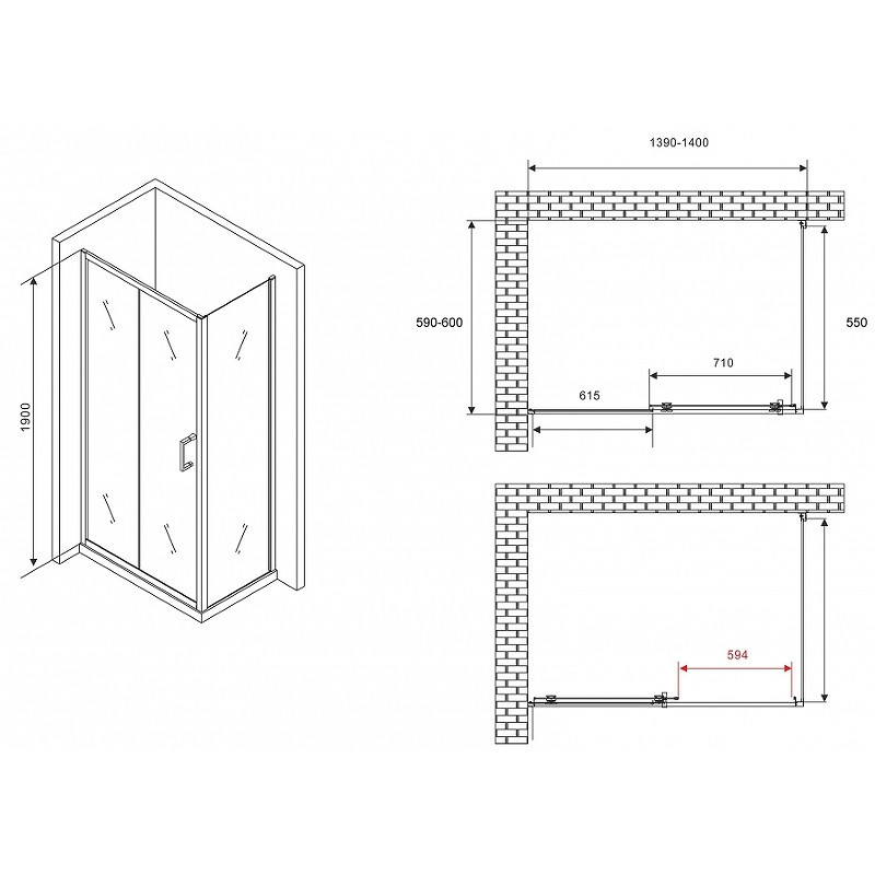 Душевой уголок Abber Schwarzer Diamant 140x60 AG301405-S605 профиль Хром стекло прозрачное