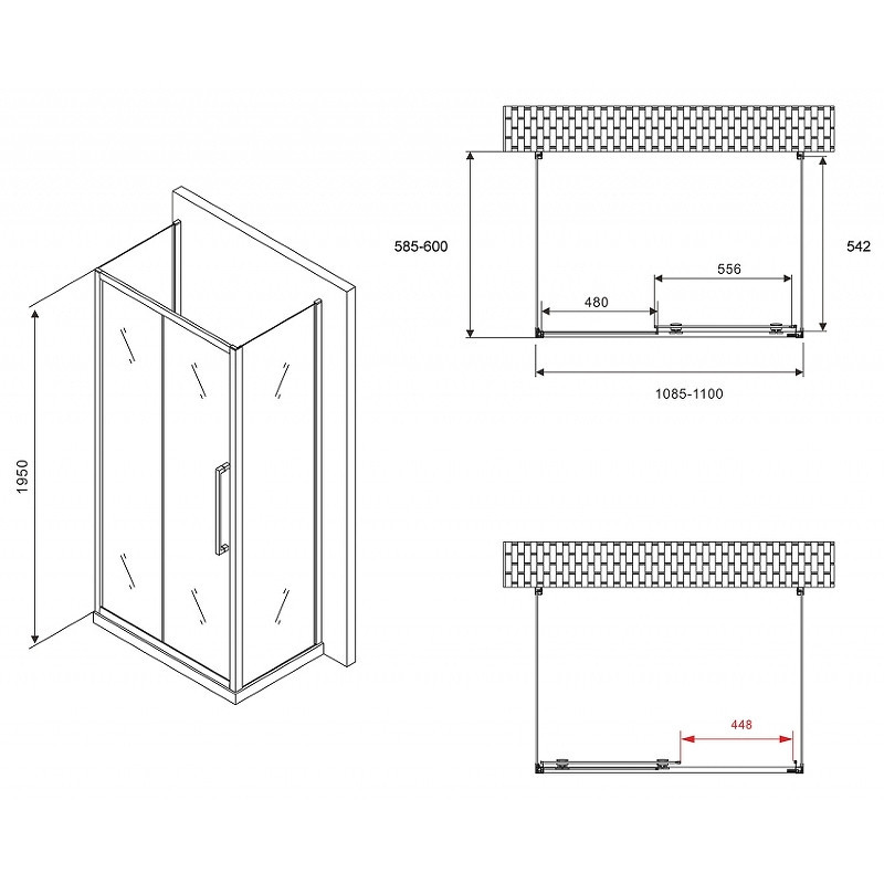 Душевой уголок Abber Schwarzer Diamant 110x60 AG30110MH-S60M-S60M профиль Хром стекло матовое