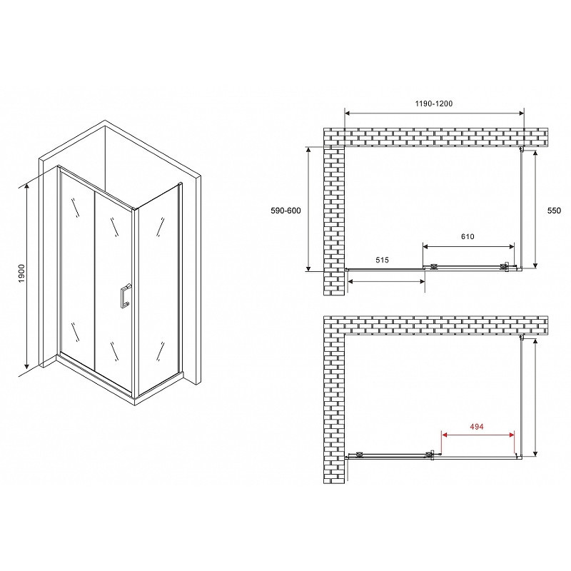 Душевой уголок Abber Schwarzer Diamant 120x60 AG30120B5-S60B5 профиль Черный стекло прозрачное
