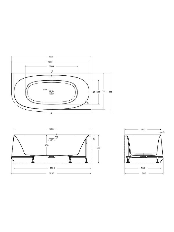 Акриловая ванна Cezares Lux 165х80 R CZR-LUX-CORNER-165-80-58-R