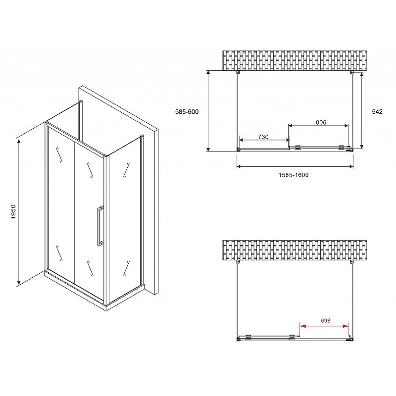 Душевой уголок Abber Schwarzer Diamant 160x60 AG30160MH-S60M-S60M профиль Хром стекло матовое