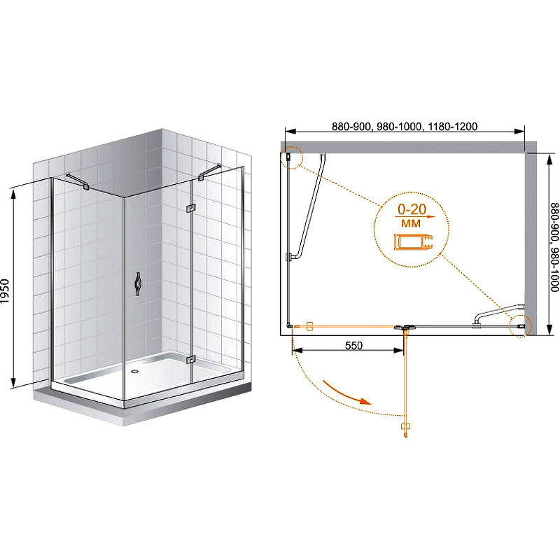 Душевой уголок Cezares Bergamo 90x100 R BERGAMO-W-AH-1-90/100-C-Cr-R