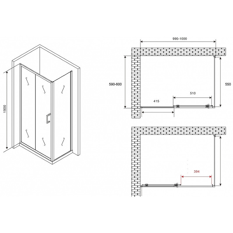 Душевой уголок Abber Schwarzer Diamant 100x60 AG301005-S605 профиль Хром стекло прозрачное