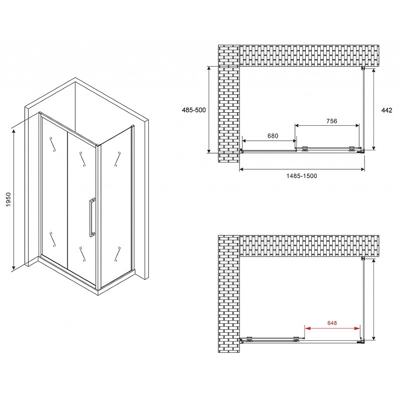 Душевой уголок Abber Schwarzer Diamant 150x50 AG30150H-S50 профиль Хром стекло прозрачное