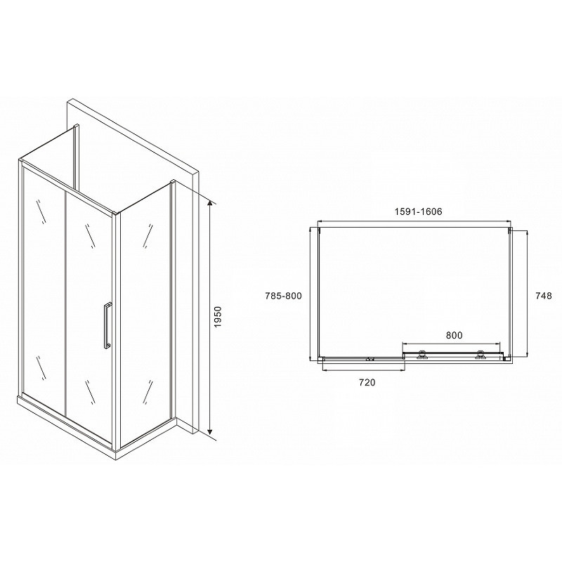 Душевой уголок Abber Schwarzer Diamant 160x80 AG30160MH-S80M-S80M профиль Хром стекло матовое