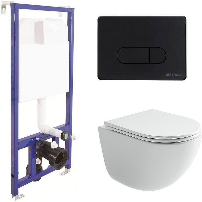 Комплект унитаза Ceramicanova Vogue CN4008T с инсталляцией Berges Novum D5 040235 с сиденьем Микролифт и Черной матовой клавишей смыва