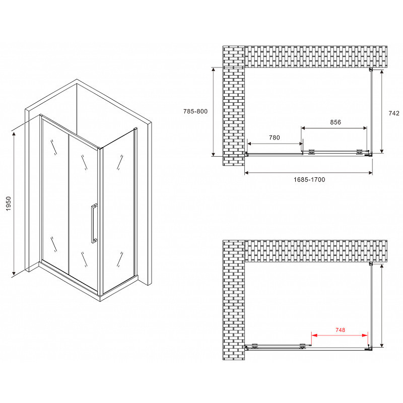 Душевой уголок Abber Schwarzer Diamant 170x80 AG30170BMH-S80BM профиль Черный стекло матовое
