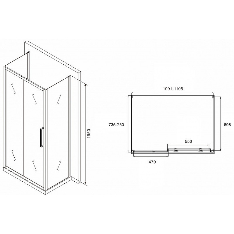 Душевой уголок Abber Schwarzer Diamant 110x75 AG30110BH-S75B-S75B профиль Черный стекло прозрачное