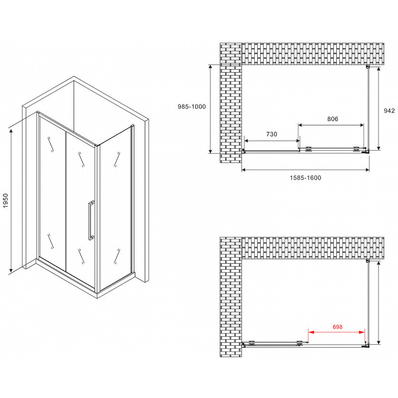 Душевой уголок Abber Schwarzer Diamant 160x100 AG30160BMH-S100BM профиль Черный стекло матовое