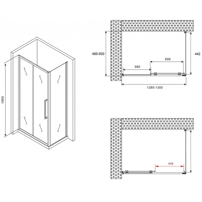 Душевой уголок Abber Schwarzer Diamant 130x50 AG30130BH-S50B профиль Черный стекло прозрачное