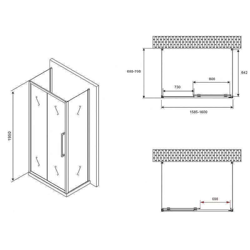 Душевой уголок Abber Schwarzer Diamant 160x70 AG30160BMH-S70BM-S70BM профиль Черный стекло матовое