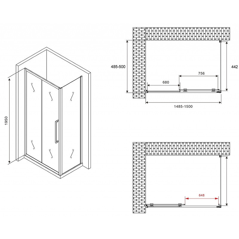 Душевой уголок Abber Schwarzer Diamant 150x50 AG30150BH-S50B профиль Черный стекло прозрачное