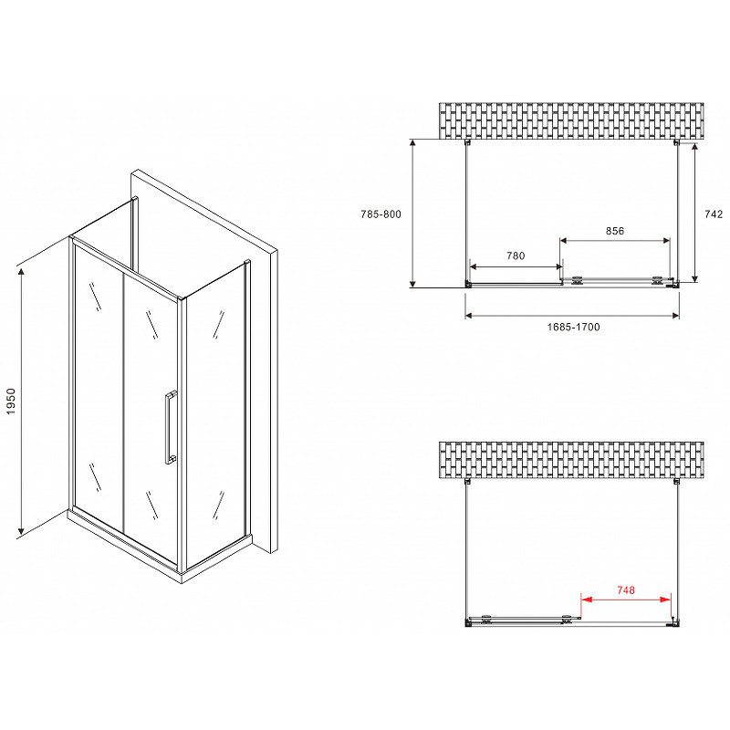 Душевой уголок Abber Schwarzer Diamant 170x80 AG30170BMH-S80BM-S80BM профиль Черный стекло матовое
