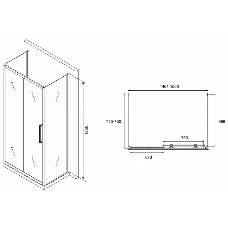 Душевой уголок Abber Schwarzer Diamant 150x75 AG30150BH-S75B-S75B профиль Черный стекло прозрачное