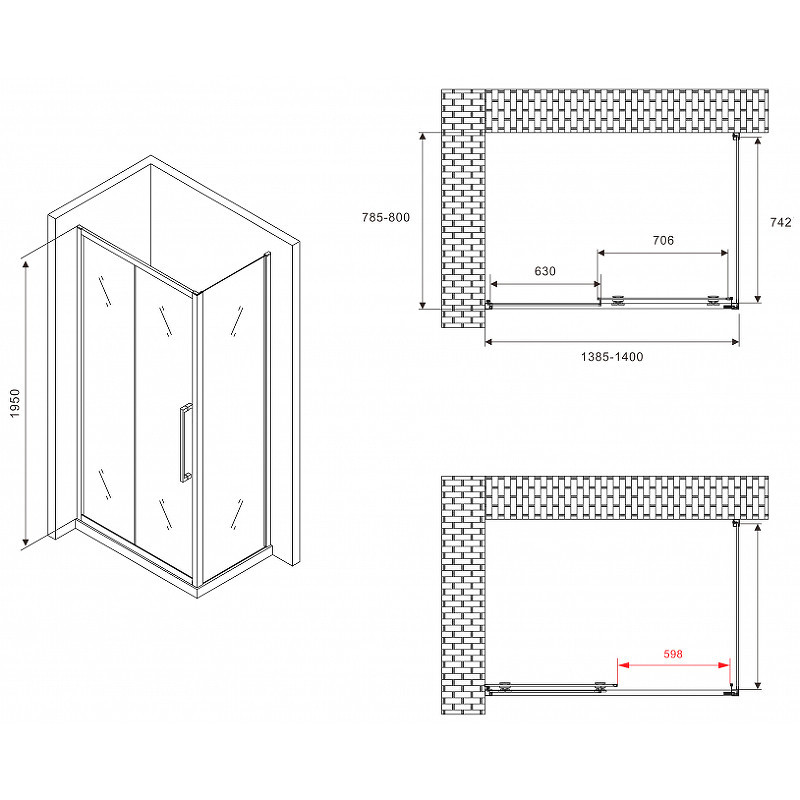 Душевой уголок Abber Schwarzer Diamant 140x80 AG30140BMH-S80BM профиль Черный стекло матовое