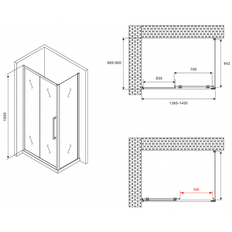 Душевой уголок Abber Schwarzer Diamant 140x90 AG30140BMH-S90BM профиль Черный стекло матовое