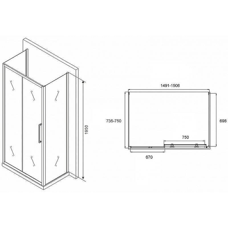 Душевой уголок Abber Schwarzer Diamant 150x75 AG30150MH-S75M-S75M профиль Хром стекло матовое