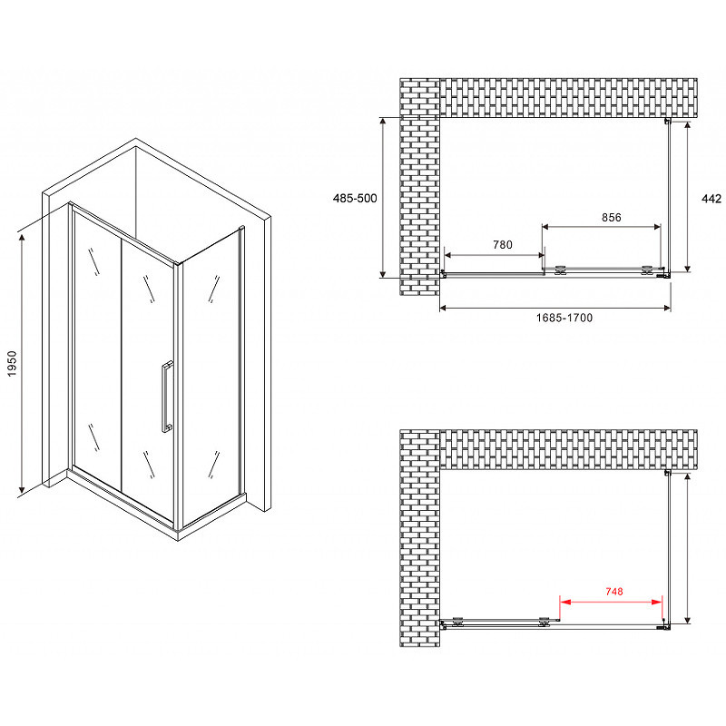 Душевой уголок Abber Schwarzer Diamant 170x50 AG30170BH-S50B профиль Черный стекло прозрачное