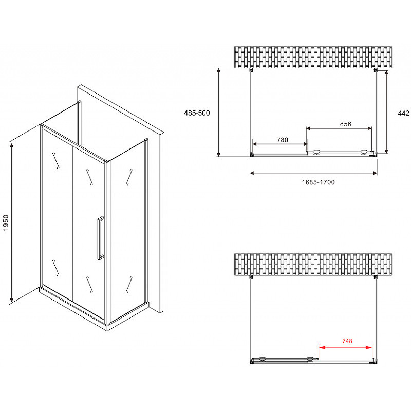 Душевой уголок Abber Schwarzer Diamant 170x50 AG30170BH-S50B-S50B профиль Черный стекло прозрачное