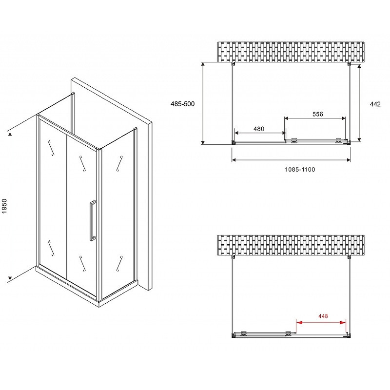 Душевой уголок Abber Schwarzer Diamant 110x50 AG30110BH-S50B-S50B профиль Черный стекло прозрачное