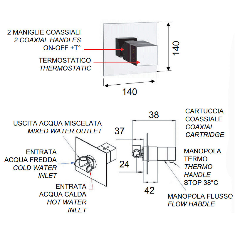 Смеситель для душа Remer Qubica Thermo QT30NO с термостатом