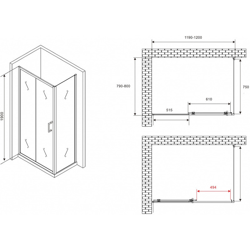 Душевой уголок Abber Schwarzer Diamant 120x80 AG30120B5-S80B5 профиль Черный стекло прозрачное