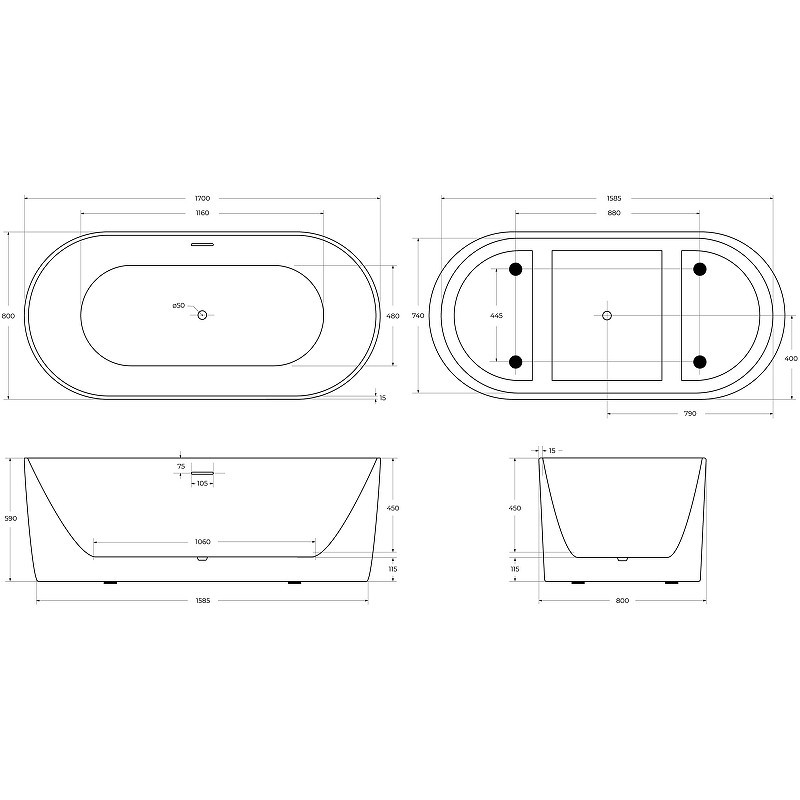 Акриловая ванна BelBagno 170x80 BB411-1700-800-MATT